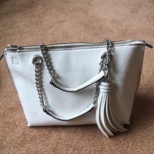 Calvin Klein White Leather Handbag w/ Chain & Tassel Detail